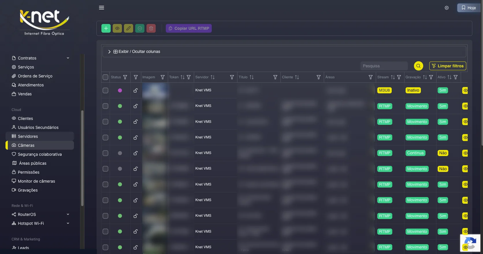 Painel web com gestão de câmeras em cloud